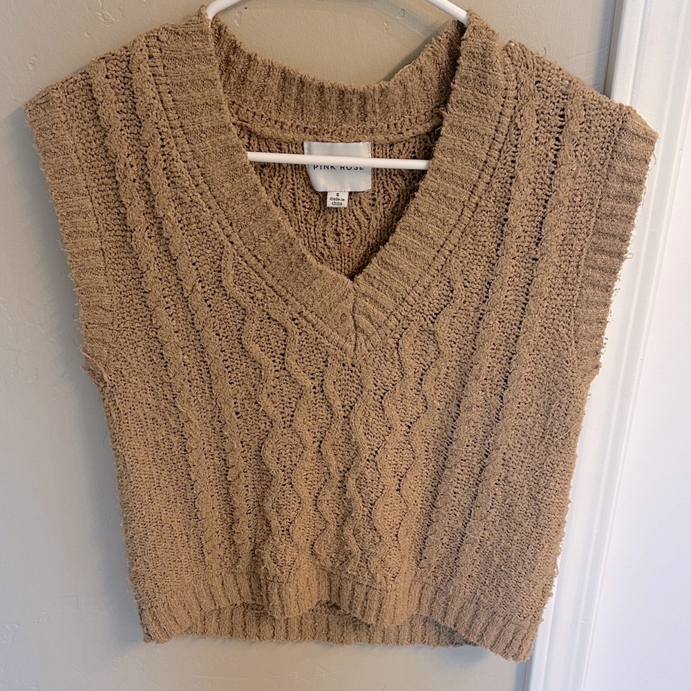 Pink Rose Women's V-Neck Sweater Vest in Tan